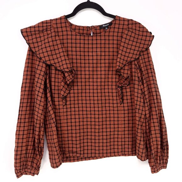 Madewell Ruffle-Front Top in Plaid Size Medium Warren Check Rust Long Sleeve - Picture 2 of 16